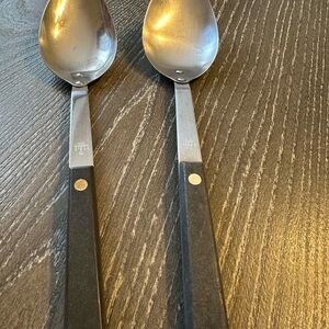 Vintage Stainless Steel Flint Serving Spoons with Black Handles set of 2